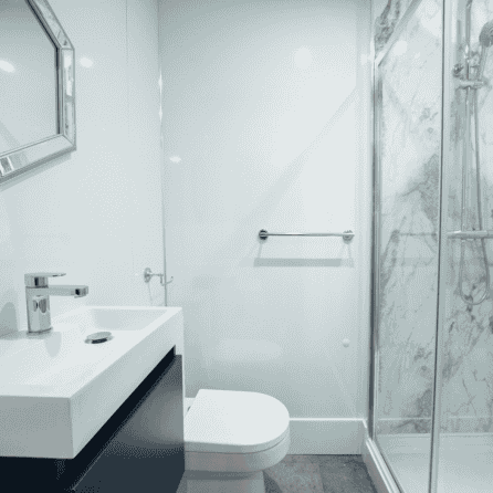 Balcony with wooden chair and glass railing, bright daylight